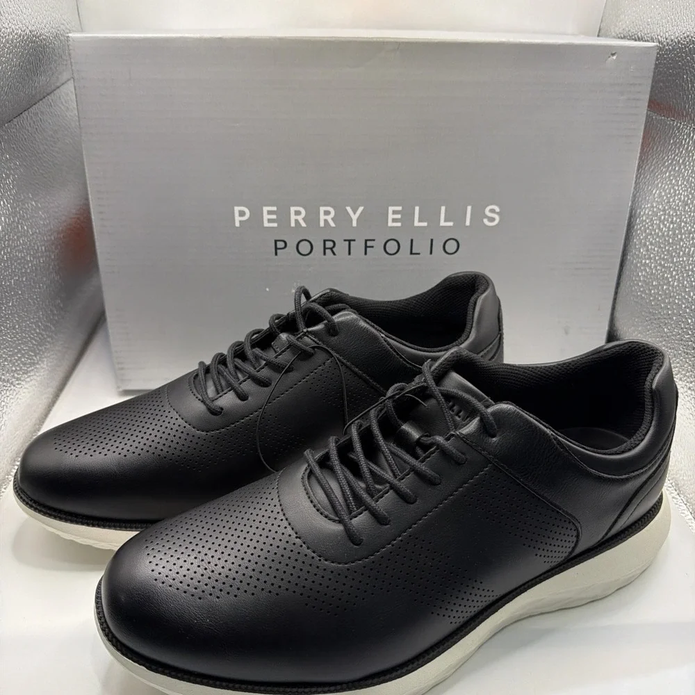 Perry Ellis Portfolio Men's Leather Breathable Perforated Black shoes Size 12‎